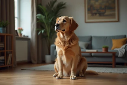 Chien golden retriever fixant le vide lors d'une crise d'absence, avec son propriétaire inquiet à ses côtés dans un salon moderne