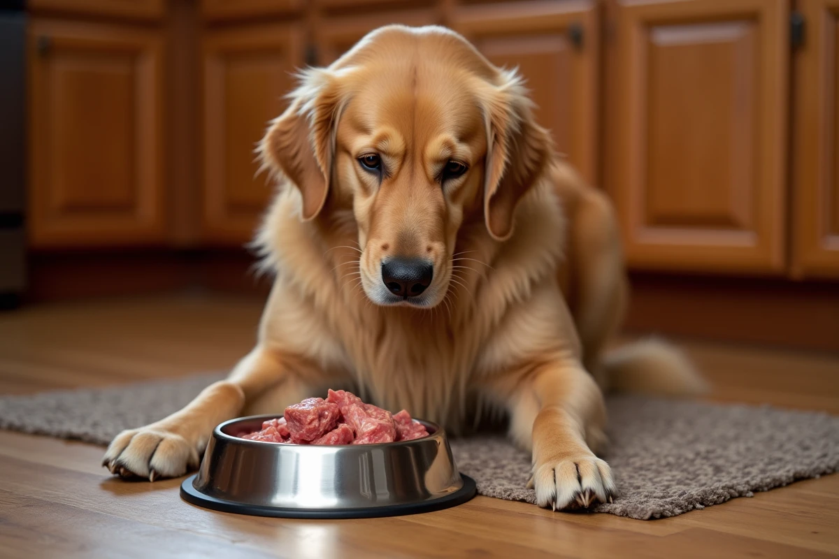 Golden retriever attendant devant un bol de viande crue maison dans une cuisine familiale