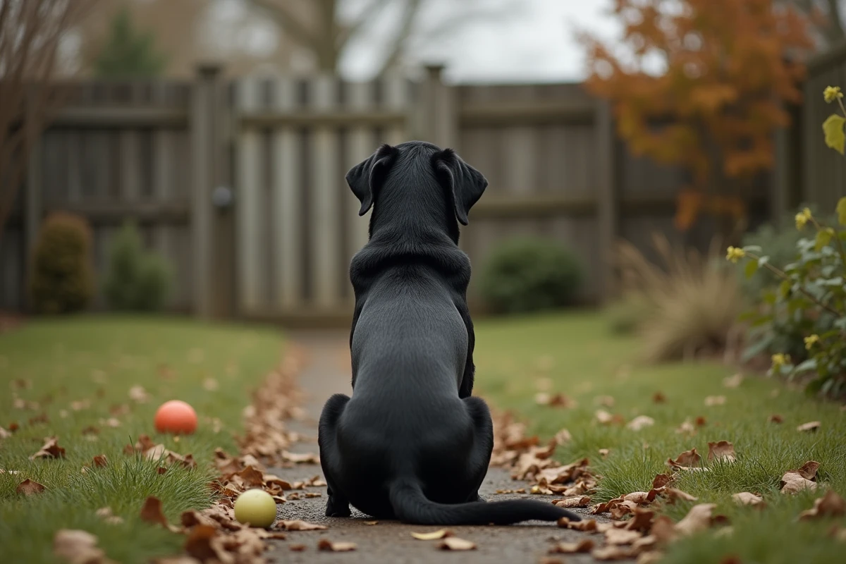 Labrador noir à l'air solitaire assis dans un jardin automnal, regardant un chemin vide avec une posture abattue
