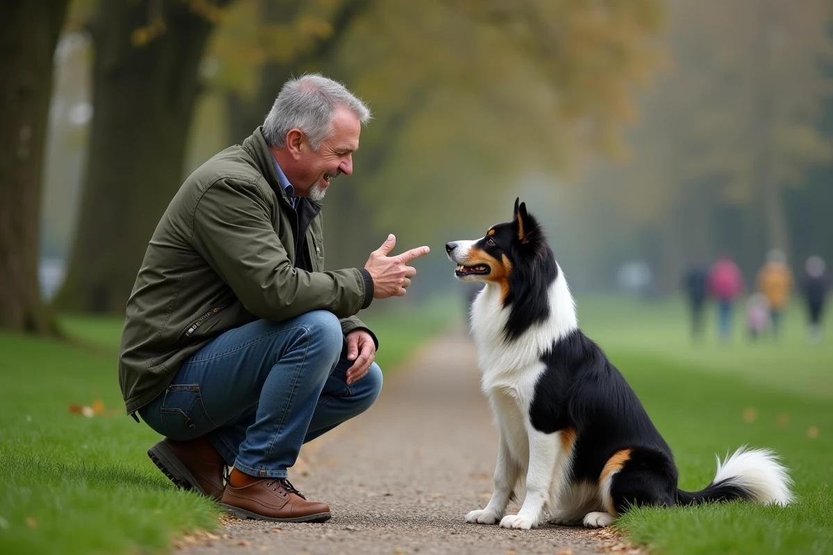 Homme donnant un signal de la main à un border collie attentif dans un parc verdoyant
