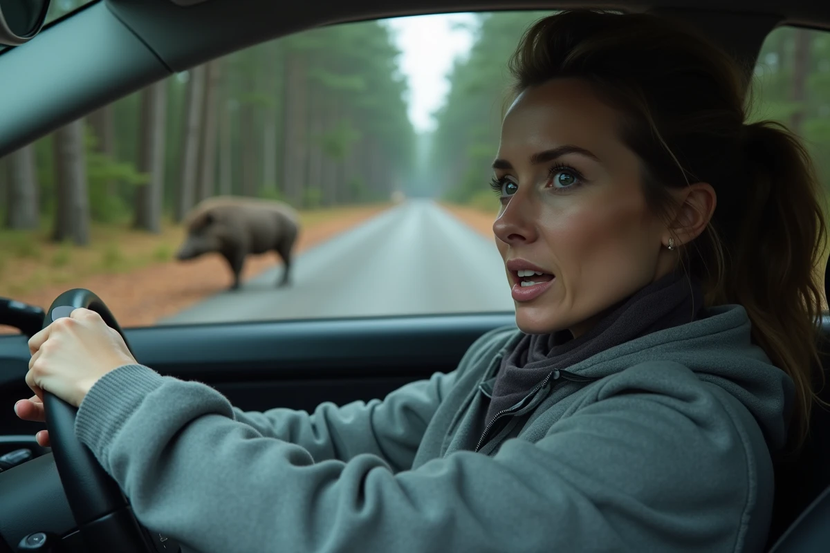 Conductrice surprise par un sanglier sur une route forestière, situation d'accident avec animal sauvage