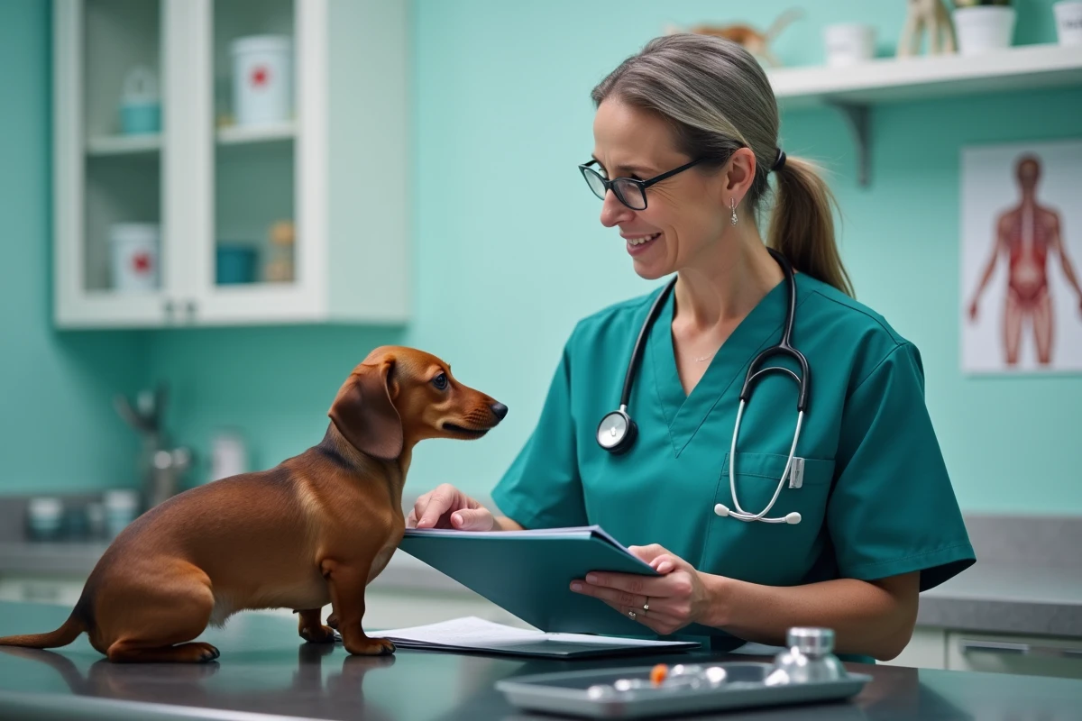 Vétérinaire expliquant les options d'assurance santé lors d'une consultation pour un chien malade