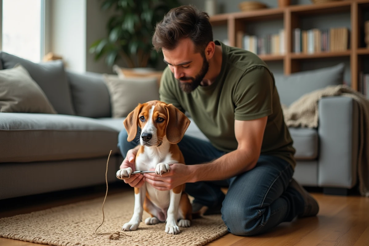 Propriétaire qui coupe les griffes de son beagle à la maison sur un tapis en jute
