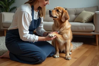 Femme tenant la patte d'un golden retriever récalcitrant pour lui couper les ongles sur un parquet en bois