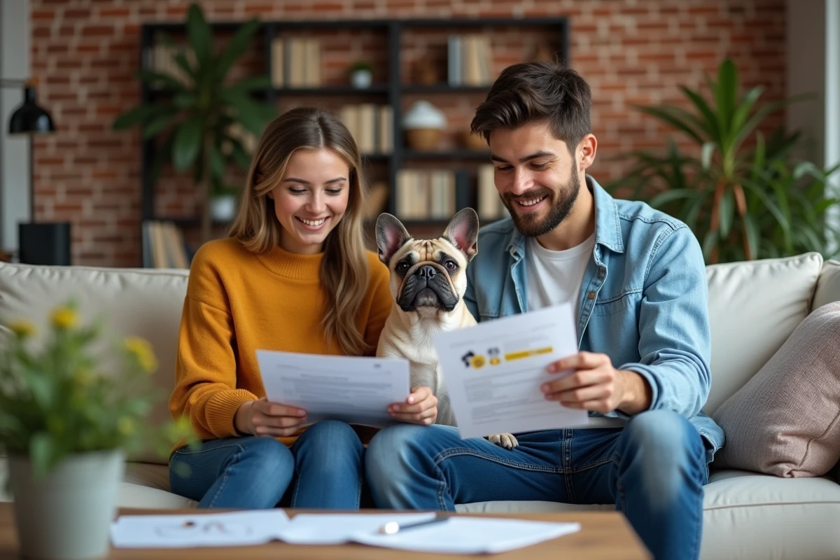 Couple comparant des brochures d'assurance animaux avec leur bouledogue français sur un canapé