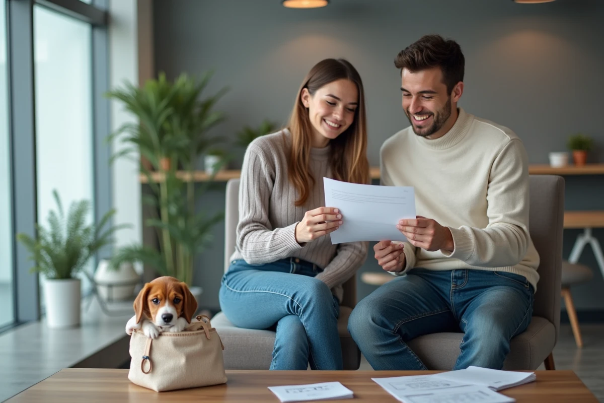 Couple en rendez-vous bancaire au Crédit Agricole pour souscrire une assurance animaux pour leur chiot beagle
