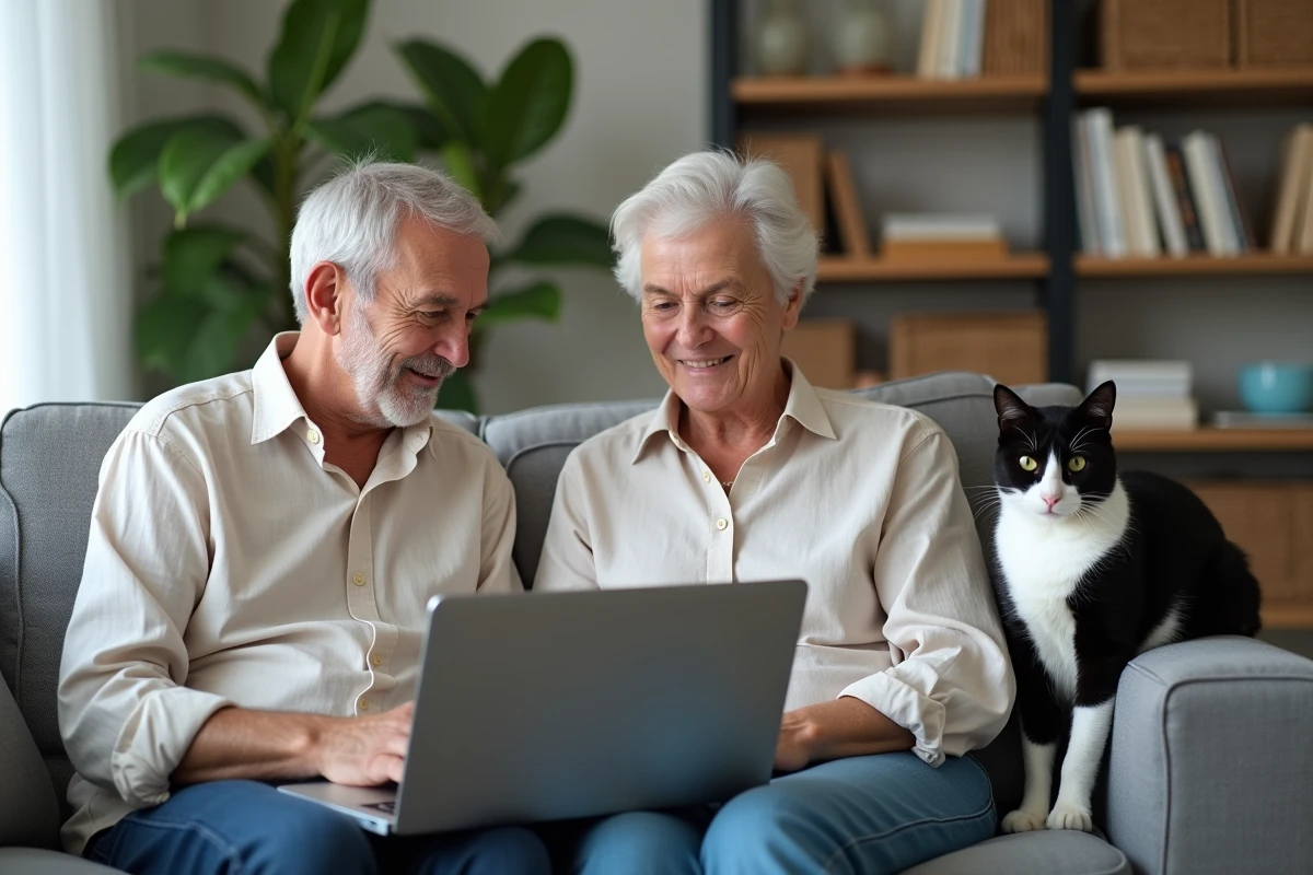 Couple de seniors comparant des offres d'assurance pour chat sur un ordinateur portable dans leur salon