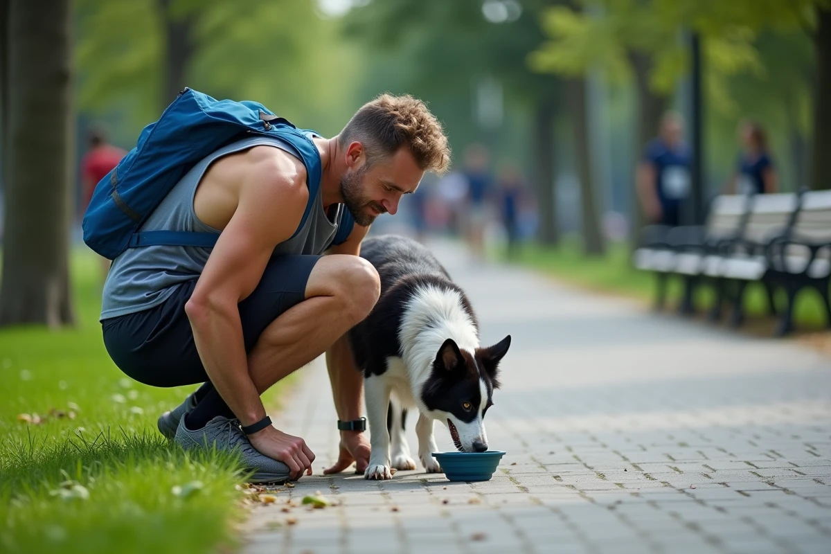 Coureur donnant de l'eau à son border collie lors d'une pause en plein air