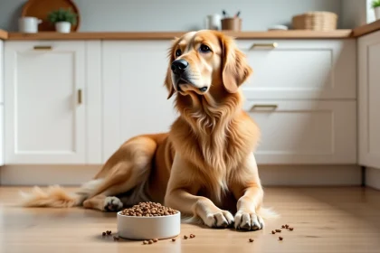 Chien golden retriever en bonne santé assis près d'un bol de croquettes pour réduire la perte de poils