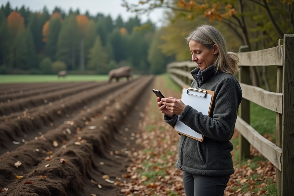 Femme documentant des dégâts de sangliers sur un potager pour une déclaration aux assurances