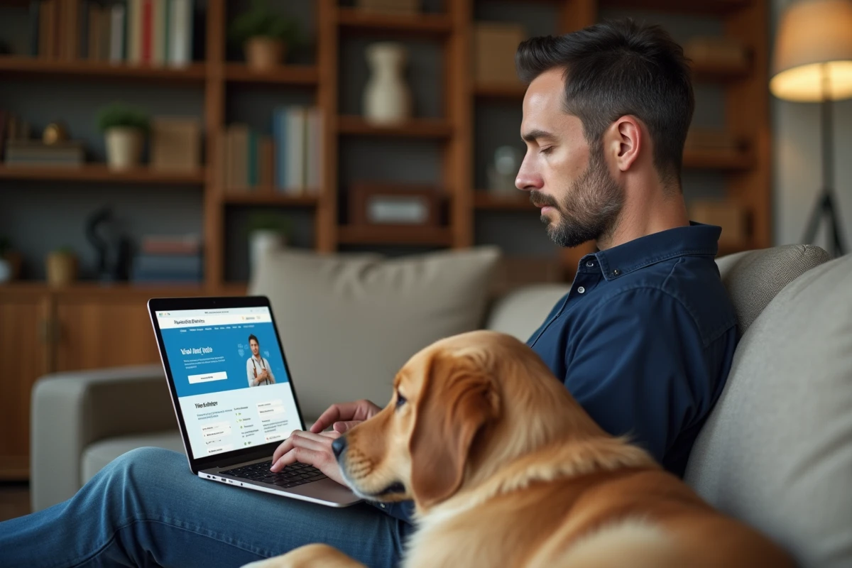 Propriétaire de chien soumettant une demande de remboursement vétérinaire en ligne sur son ordinateur portable avec son golden retriever