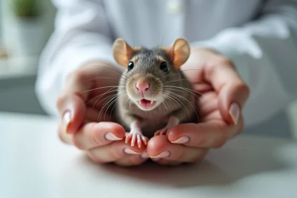 Gros plan sur les incisives d'un rat brun domestique tenu dans des mains humaines, montrant la dentition caractéristique des rongeurs