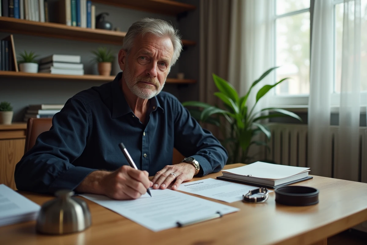 Homme rédigeant ses dernières volontés à son bureau avec une urne contenant les cendres de son chien et un collier de chien posés à côté