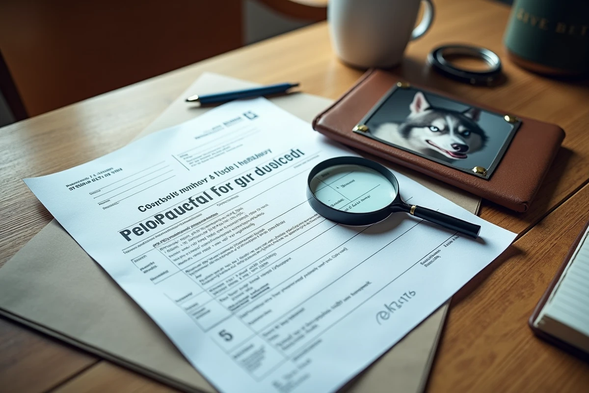 Documents de pedigree et certificat de race pure d'un chien posés sur un bureau en bois pour vérification de lignée