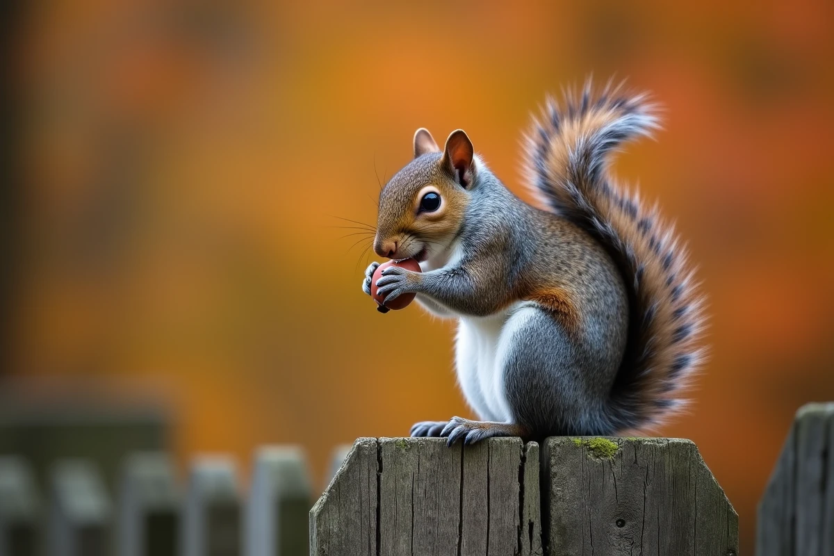 Écureuil gris sauvage grignotant un gland sur un piquet de bois, révélant ses incisives courbes typiques des rongeurs