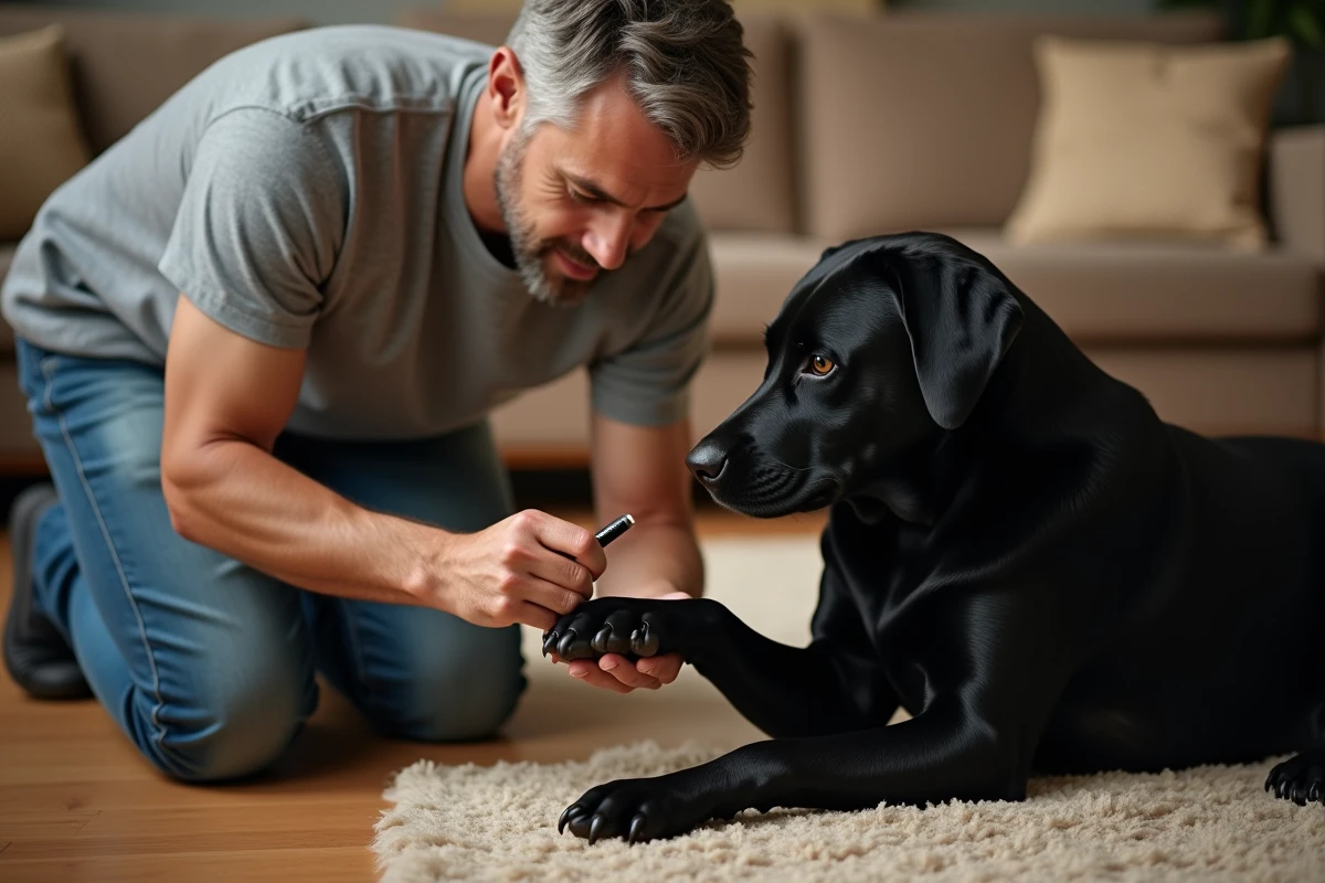 Propriétaire qui examine l'ongle noir de son chien Labrador à la maison à l'aide d'une lampe de poche