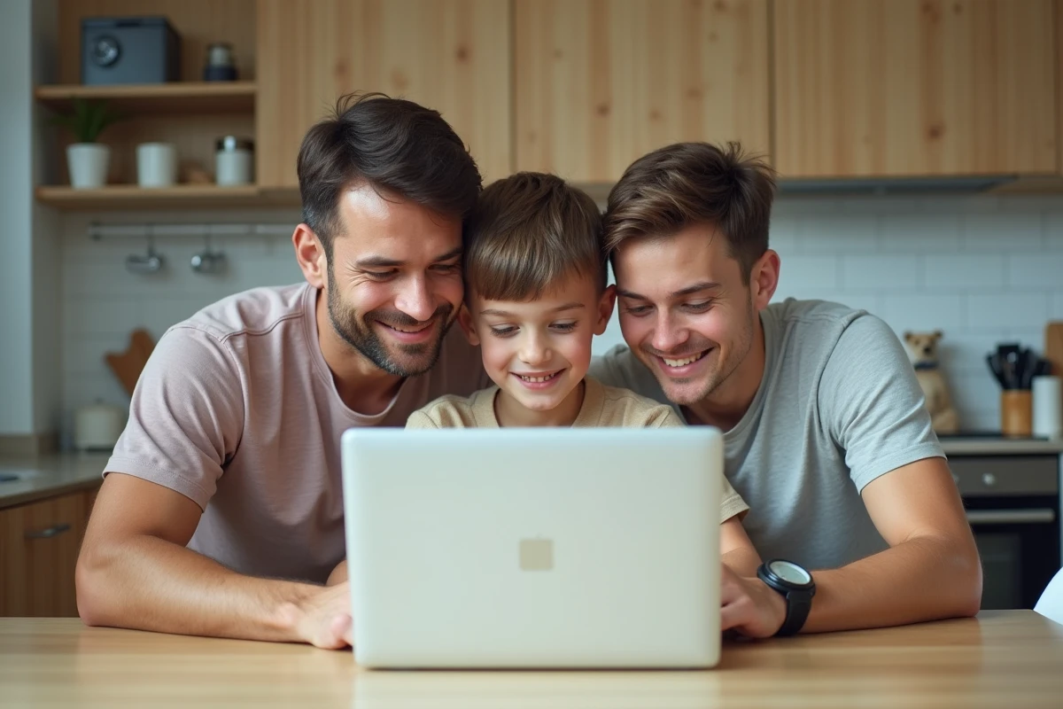 Famille comparant les prix et options pour adopter ou acheter un chien à moindre coût sur internet