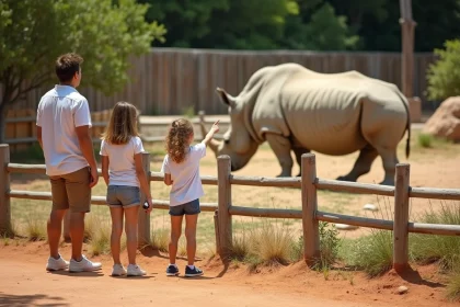 Famille observant un rhinocéros blanc au Zoo de La Palmyre près de Royan, enclos en terre rouge et végétation naturelle