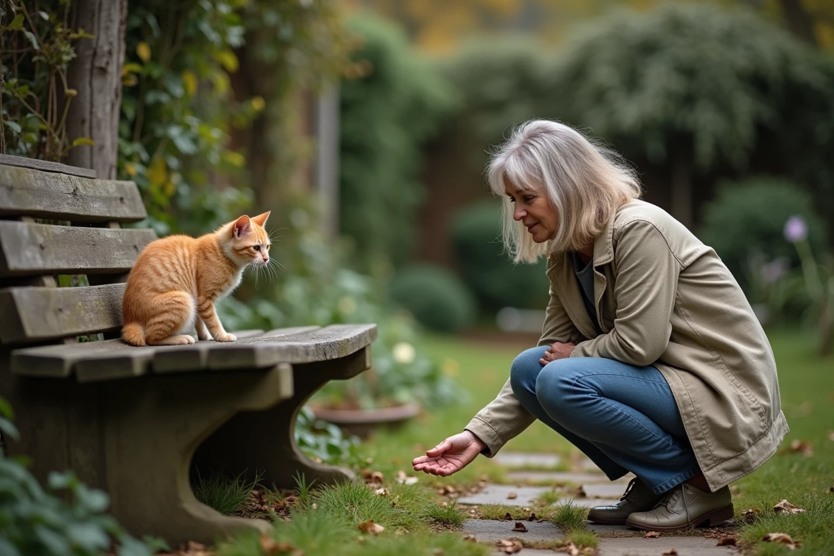 Femme qui approche doucement un chat apeuré caché sous un banc de jardin, signe possible d'un chat abandonné