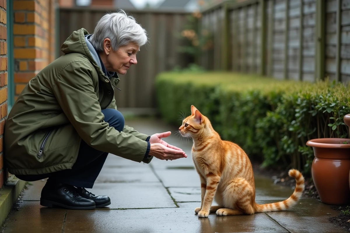 Femme approchant doucement un chat errant roux sur le pas de sa porte