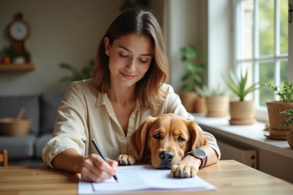 Femme consultant un document d'assurance animaux avec son golden retriever posant la tête sur ses genoux