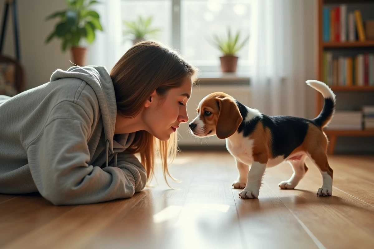 Jeune femme allongée nez à nez avec son beagle sur le sol d'un appartement, illustrant le lien émotionnel entre un chien et son maître