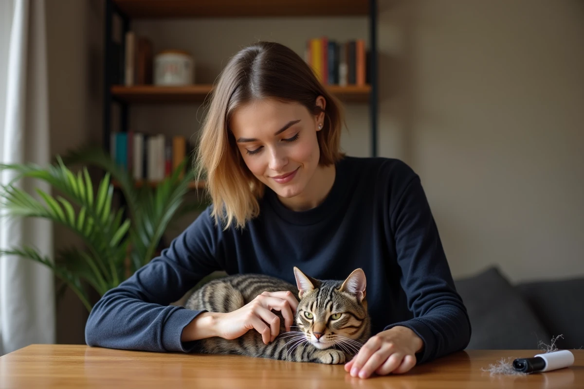 Femme brossant son chat tigré pour limiter la perte de poils à la maison