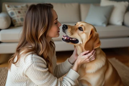 Femme câlinant son golden retriever dans un salon chaleureux, le chien la regardant avec affection et confiance