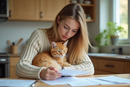 Femme tenant son chat roux dans ses bras tout en consultant des documents d'assurance sur une table en bois