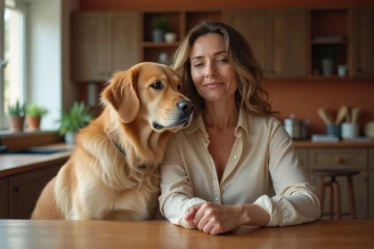 Femme assise à table avec son golden retriever, illustrant l'assurance animaux au Crédit Agricole
