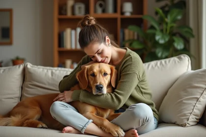 Femme tenant affectueusement son golden retriever sur un canapé, illustrant le lien entre propriétaire et chien et l'importance de la mutuelle pour chien