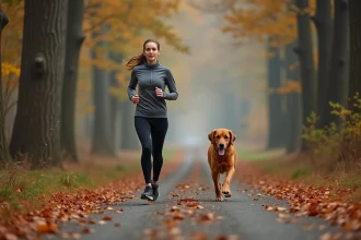 Femme qui court avec son golden retriever sur un sentier forestier en automne