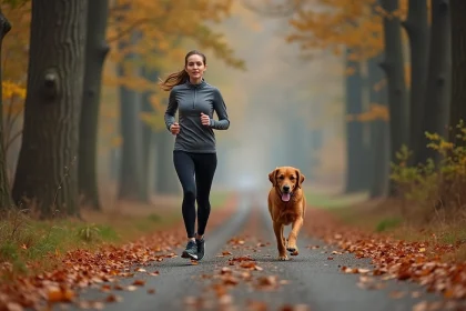 Femme qui court avec son golden retriever sur un sentier forestier en automne