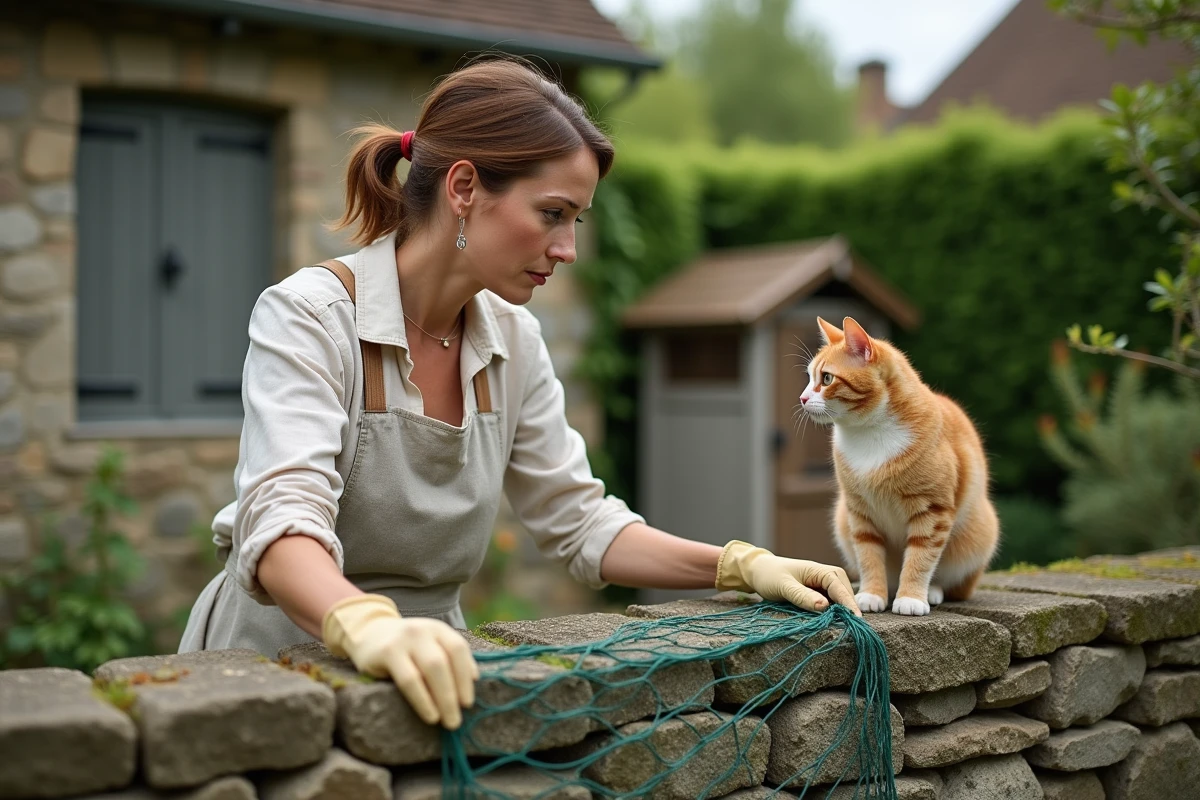 Femme installant un filet de protection sur un mur de jardin en pierre pendant qu'un chat roux l'observe