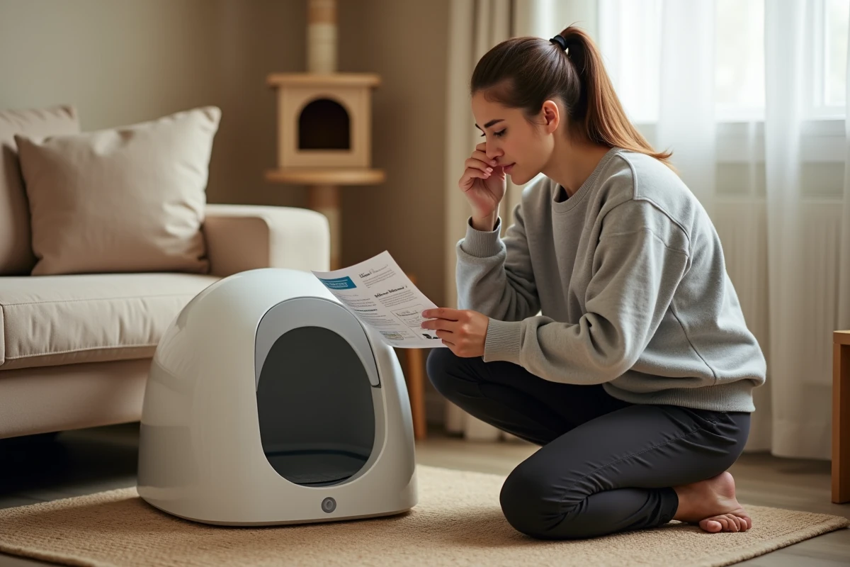 Femme lisant le mode d'emploi d'une litière autonettoyante dans un salon confortable