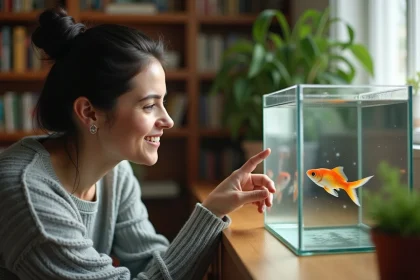 Femme observant son poisson rouge à travers la vitre d'un aquarium, le poisson nageant vers son doigt