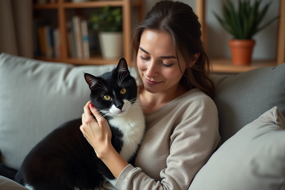Femme réconfortant son chat noir et blanc après la mort d'un autre animal de compagnie