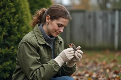 Une femme aux gestes délicats tenant un petit oiseau sauvage blessé dans ses mains gantées dans un jardin, illustrant les premiers secours pour animaux blessés