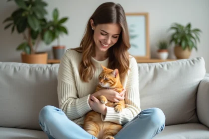 Femme tenant son chat roux dans ses bras dans un appartement cosy, illustrant l'assurance chat