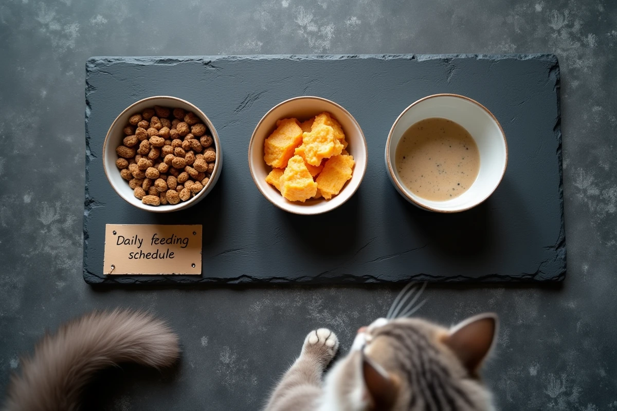 Vue de dessus de trois gamelles pour chat remplies de croquettes, pâtée et eau sur une ardoise, avec un programme d'alimentation quotidien