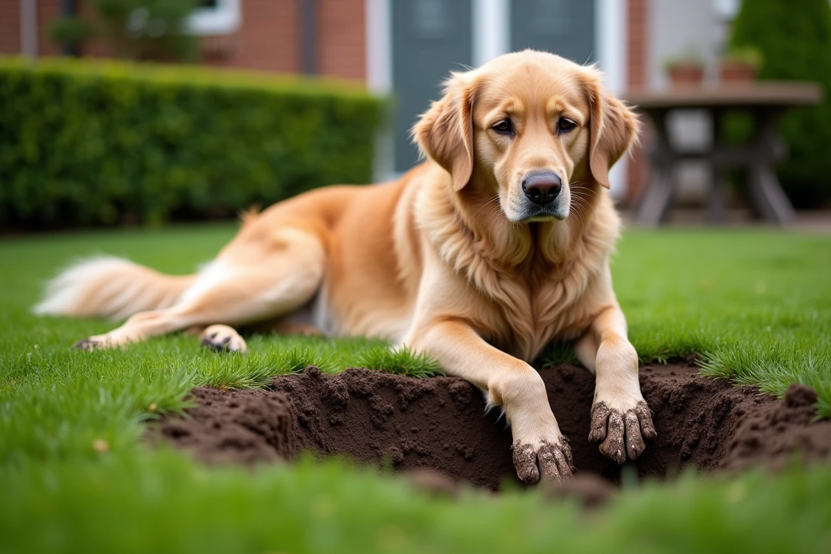 Golden Retriever couché à côté d'un trou creusé dans une pelouse verte avec les pattes couvertes de boue