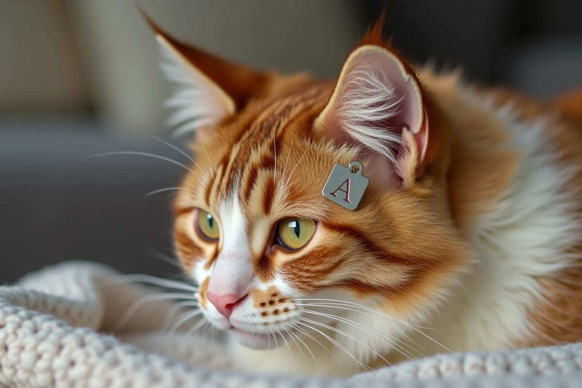 Gros plan sur une bague d'identification officielle à lettre fixée à l'oreille d'un chat Maine Coon en 2026