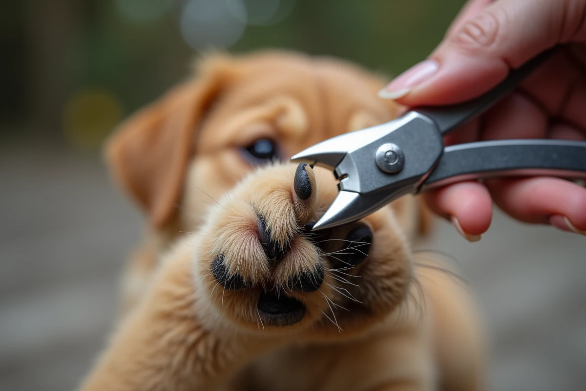 Gros plan sur la coupe d'une griffe de chien avec un coupe-griffes professionnel tenu à la main