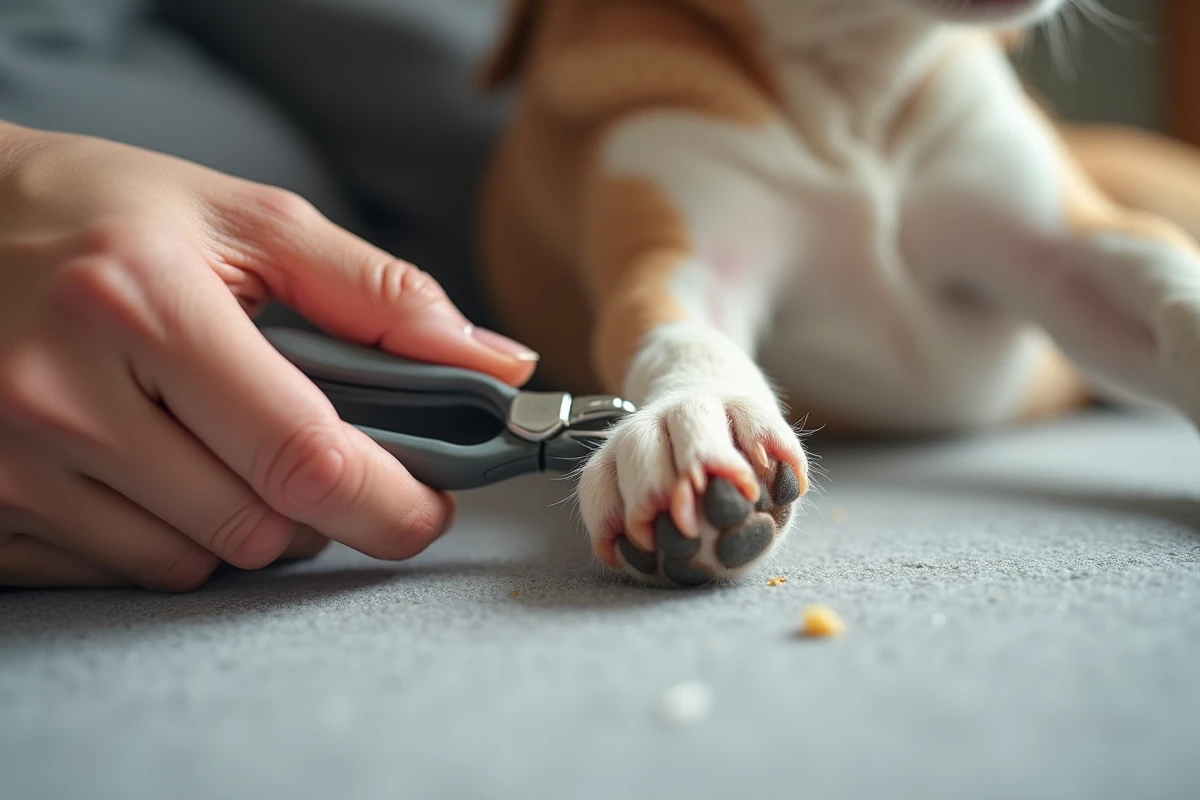 Gros plan sur des mains tenant la patte d'un petit chien pour couper ses griffes avec un coupe-ongles adapté
