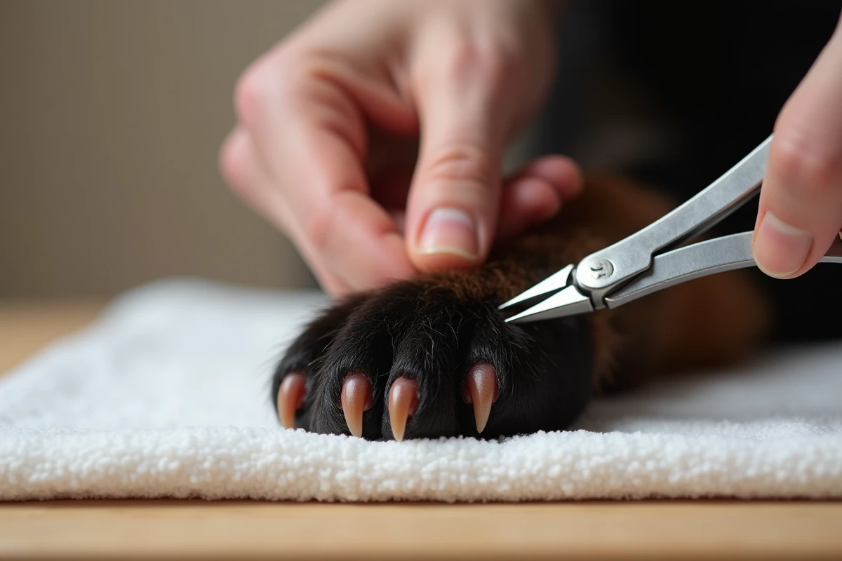 Gros plan sur un ongle noir de chien avec le vif visible en rose et un coupe-ongles professionnel positionné correctement