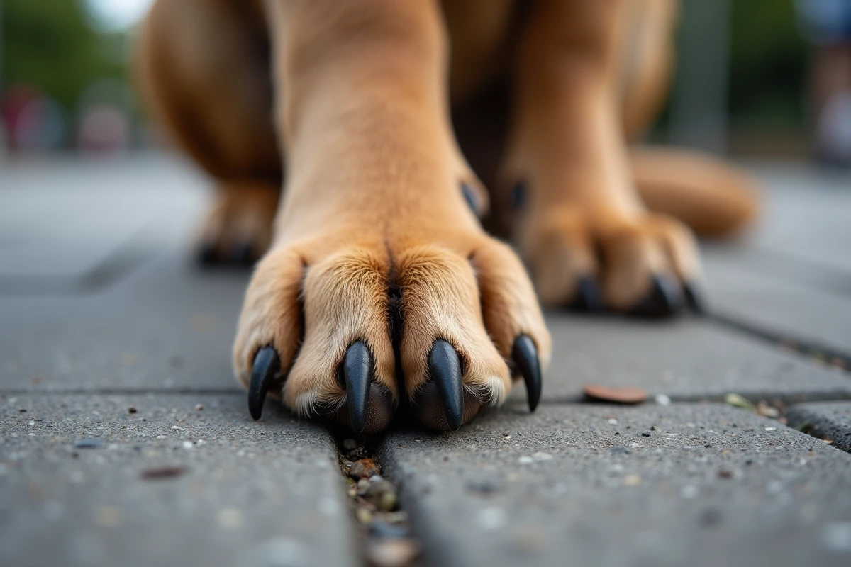 Gros plan sur la patte d'un chien posée sur du béton rugueux, montrant les coussinets et leur contact avec le sol dur