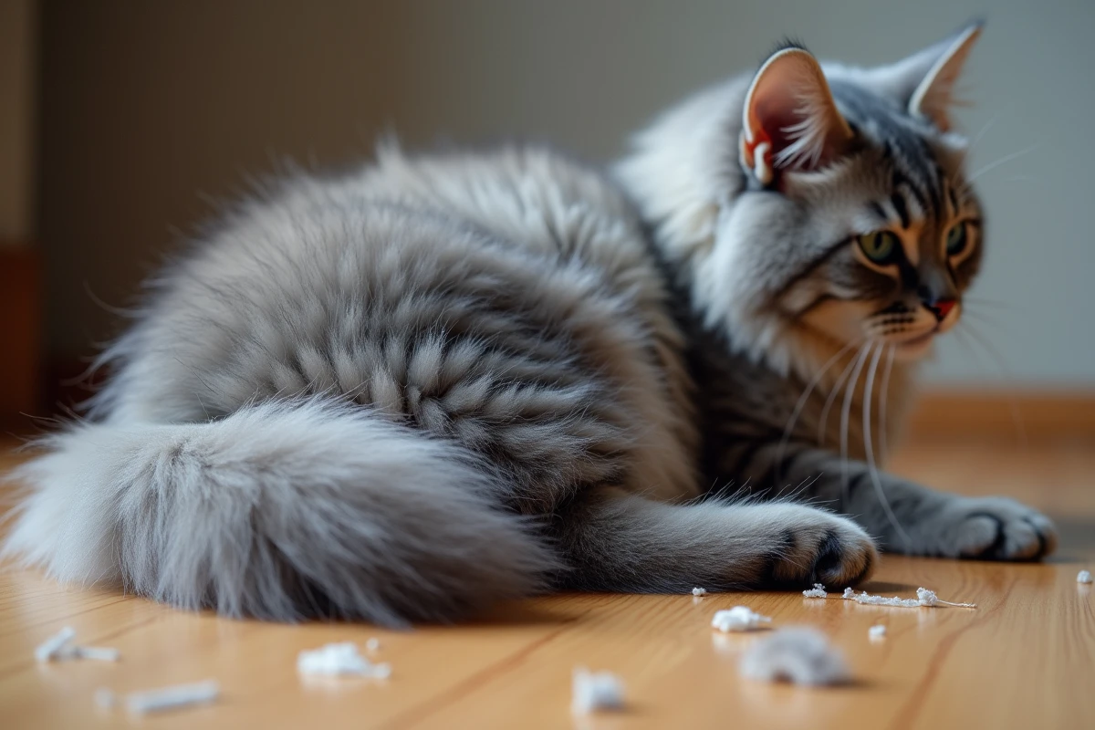 Gros plan sur le pelage long et soyeux d'un chat angora gris avec des poils qui se détachent naturellement