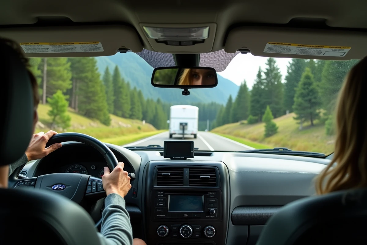 Vue depuis l'habitacle d'un 4x4 tractant une remorque à chevaux en montagne