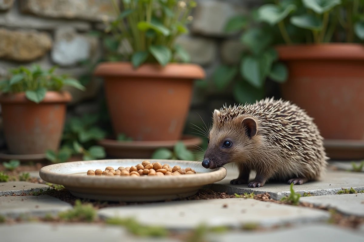 Hérisson qui s'approche d'une gamelle d'eau et de croquettes posée sur un patio en pierre pour attirer les hérissons au jardin