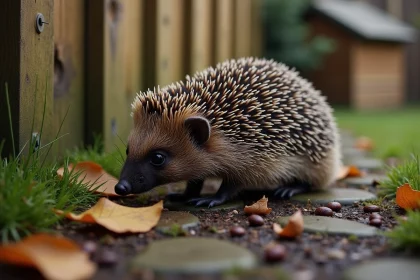 Hérisson européen en train de fouiller les feuilles mortes dans un jardin naturel, attiré par des vers de terre sur sol humide